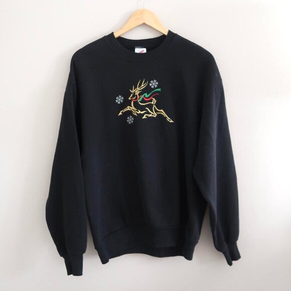 Vintage 80's Jerzees Black metallic Embroidered Reindeer Christmas Sweatshirt - Picture 1 of 3